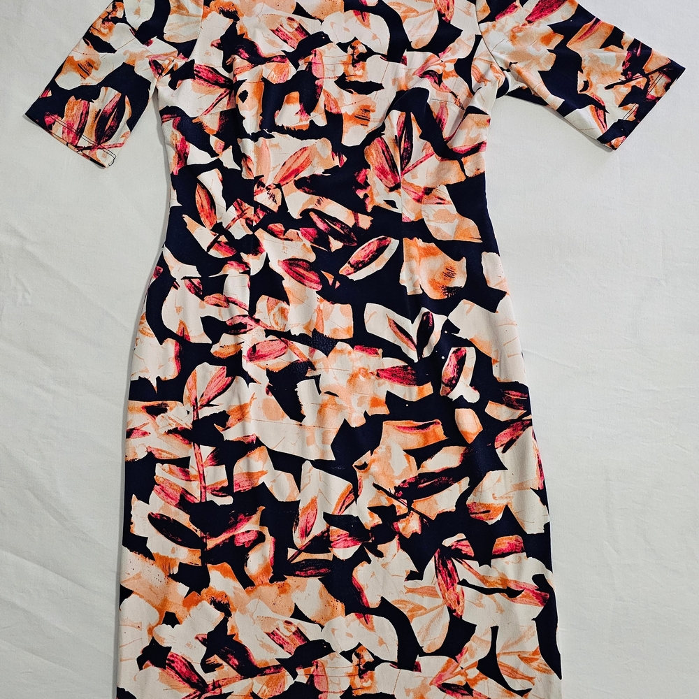 London Style Abstract Long Sleeve Dress - Navy and Orange